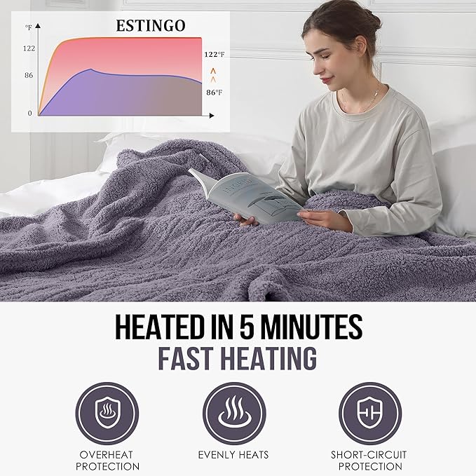 Full Size Heated Blanket, Electric Heated Blanket with 6 Heating Levels & 1-10 Hours Adjustable Timer, Ultra Soft and Thick Washable Full Electric Blanket for Bed, 72"X84", Gray Violet