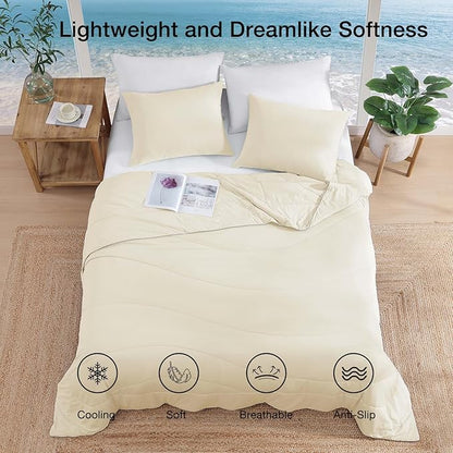 Monbix ChillChilla Cooling Comforter Queen Size-3 Pieces Cooling Blankets for Hot Sleepers and Night Sweats, Double-Sided Summer Queen Comforter Set, Breathable Lightweight Blanket Cream White