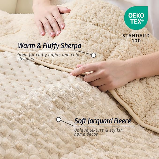 Wemore Fleece Weighted Blanket for Adults (48" x 72" 15lbs, Khaki), Dual Sided Cozy Soft Sherpa Heavy Blanket, 3D Imitation Turtle Shell Warm Jacquard Flannel Weighted Blankets for Couch and Bed