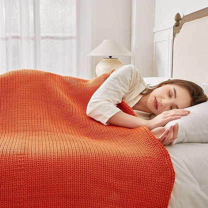 Guohaoi Knitted Weighted Blanket for Adults (Orange 48"x72" 10lbs) No Beads Cooling Throw Blanket for Hot Sleepers, Home Decor Breathable Chunky Knit Heavy Blanket Use on Full Size Bed