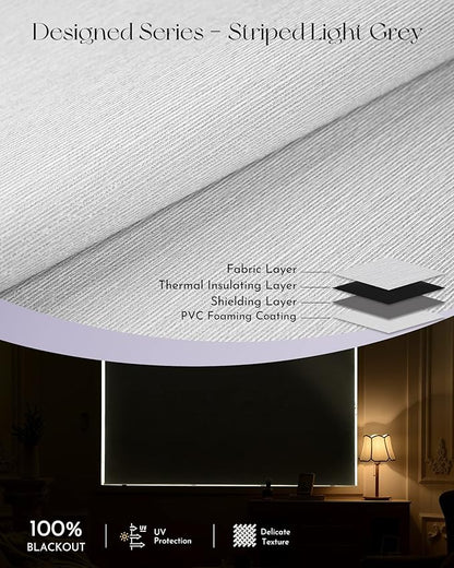 Graywind Smart Blackout Roller Shades Compatible with Alexa Google Textured Gleaming Fabric Rechargeable Motorized Blinds Cordless Remote Control Window Shades, Custom Size (Striped Light Grey)