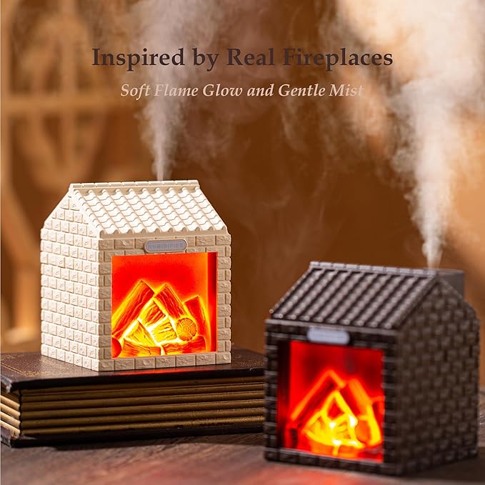 Mini Fireplace Cool Mist Humidifier with Flame Light, USB Powered, Auto Shut-Off, Portable for Bedroom Office Travel, 200ml, Beige
