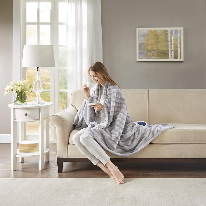 Beautyrest Duke Blanket Luxury Oversize Electric Throw Premium Soft Cozy Brushed Long Faux Fur for Bed, Couch with 3 Heat Setting Controller, Auto Shut-Off Function, Grey, 50 in x 70 in
