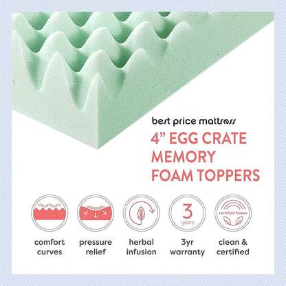 Best Price Mattress 4 Inch Egg Crate Memory Foam Mattress Topper with Calming Aloe Infusion, CertiPUR-US Certified, Short Queen