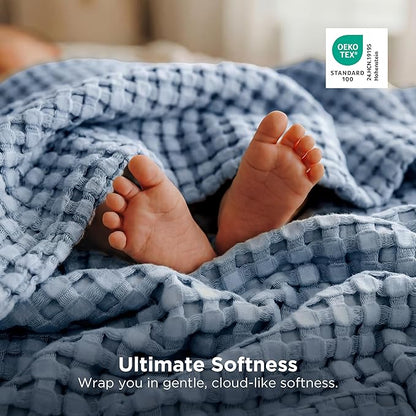 Bedsure Cooling Cotton Waffle Queen Size Blanket - Lightweight Breathable Summer Blanket of Rayon Derived from Bamboo for Hot Sleepers, Luxury Throws for Bed, Couch and Sofa, Dusty Blue, 90x90 Inches