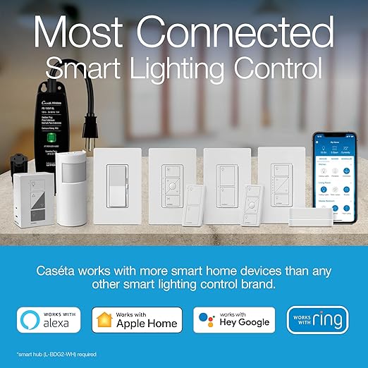 Lutron Diva Smart Dimmer Light Switch for Caseta Lighting (Lutron Smart Hub Required), for LED Lights, 150W, Single-Pole/3-Way, No Neutral, White, 2 Pack (DVRF-6LS-WH-2)