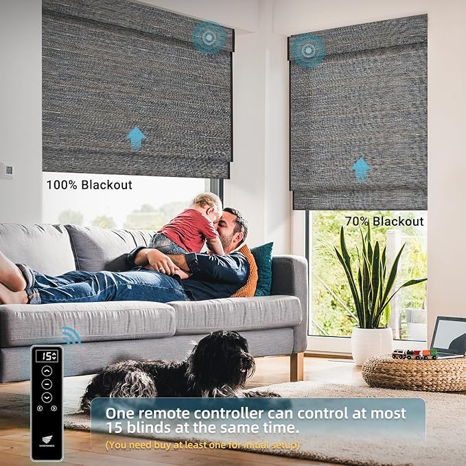 SmartWings Motorized Natural Woven Wood Shades for Windows Work with Matter Thread Homekit Z-Wave Alexa Google, 50%/70%/100% Blackout Electric Auto Roman Shades Cordless Remote Customized, Linen 007