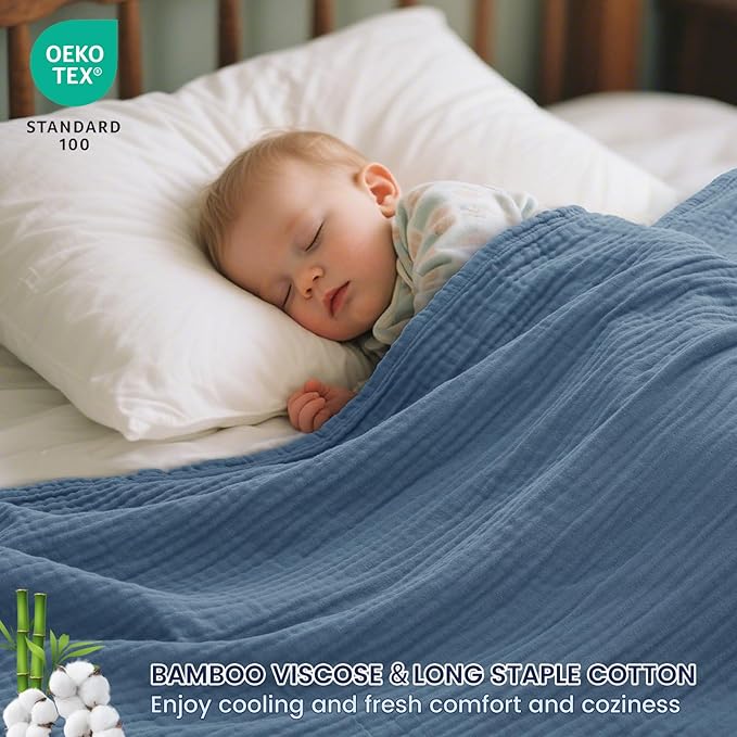 PHF Cooling Muslin Throw Blanket for Hot Sleepers, 60% Viscose from Bamboo, 40% Cotton and 4-Layer Breathable Gauze Blanket for Bed Couch, 50"x60", Prussian Blue