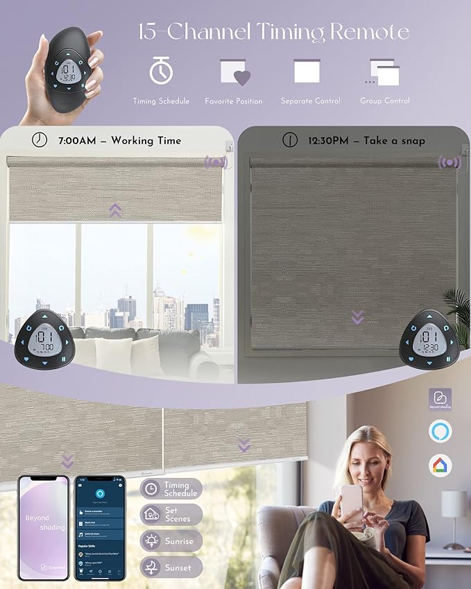 Graywind Motorized Roller Shade 100% Blackout Compatible with Alexa Google Smart Home Control Hardwired Window Shades Thermal Insulated Cordless Window Blinds, Customized Size (Jacquard Coffee)