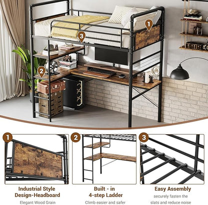 GarveeHome Loft Bunk Bed with L-Shaped Desk, Twin Loft Bed with Desk Underneath, Metal Bunk Beds with High Guardrail and Ladder for Kids/Teens/Adults, Easy Assembly, Vintage Brown