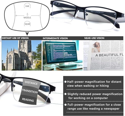 CLASAGA Progressive Multifocus Reading Glasses for Men,Lightweight Metal Half Frame Blue Light Blocking Computer Readers