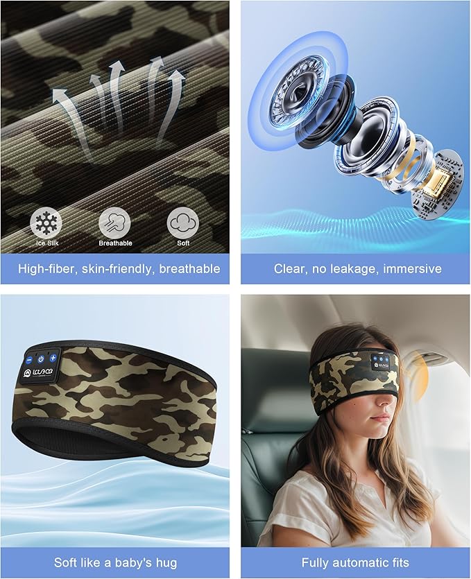 LOVE EYE Sleep Headphones Wireless Headband Headphones Bluetooth 5.4 for Side Sleeper Bluetooth Headband Earphones for Sports for tech Gadgets Gifts (Camouflage Brown)
