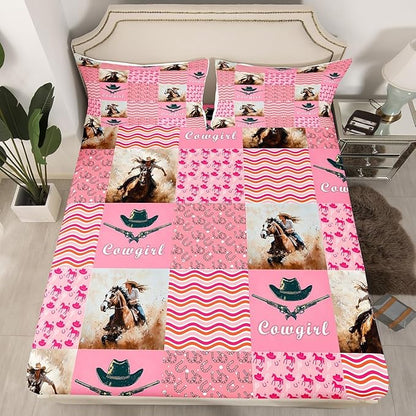 Western Cowgirl Fitted Sheet Set with 2 Pillowcase,Tribal Cowgirl Hats Horseshoe Rustic Farm Microfiber Mattress Cover,Vintage Pink Plaids Patchwork Bed Cover Queen Size