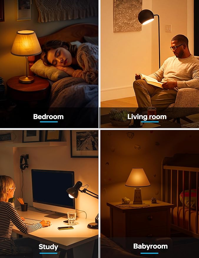 KINDEEP Light Bulbs, E26 Blue Light Blocking Dim Bulbs with 2 Modes, 0.5W Amber Light with 20lm 2000K, 9W Equivalent 60W, 800lm 2700K, Ideal for Lamp, Bedroom, Mood Soothing, Sleep & Nursery, 4 Pack