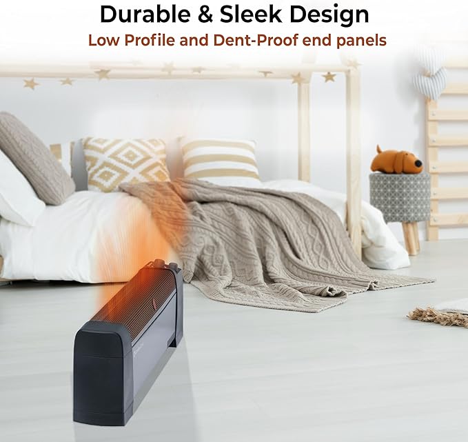 Comfort Zone 1500W Convection Baseboard Heater – Silent Portable Electric Space Heater with Adjustable Thermostat, 2 Heat Settings & Safety Tip-Over Switch – Black
