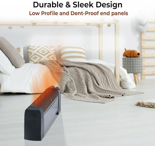 Comfort Zone 1500W Convection Baseboard Heater – Silent Portable Electric Space Heater with Adjustable Thermostat, 2 Heat Settings & Safety Tip-Over Switch – Black