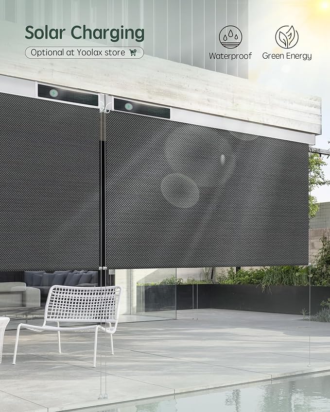 Yoolax Customized Motorized Outdoor Shades, Smart Blinds Compatible with Alexa Google, Remote Control Waterproof Blinds for Patio Porch Windows Outside (1% Openness Wild Dark Grey)