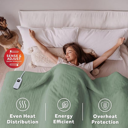 Sunbeam Royal Ultra Fleece Heated Electric Blanket Twin Size, 84" x 62", 12 Heat Settings, 12-Hour Selectable Auto Shut-Off, Fast Heating, Machine Washable, Warm and Cozy, Matcha