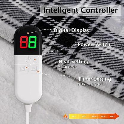 Electric Heated Blanket 50"x60",Fast Heated Throw with 8 Hours Auto Off/8 Heats Levels,Soft Grey Plaid Sherpa Electric Blanket with ETL Certification & Over-Heat Protection