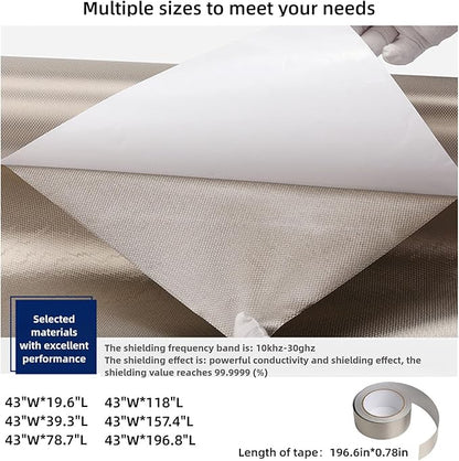 Faraday Fabric with Adhesive Backing 43" x 157.4" + Faraday Tape | Military Grade RFID Shielding Cloth | Block 5G Signals/Anti-Theft Brush | Privacy Protection for Wallet/Passport (43in W*157.4in L)