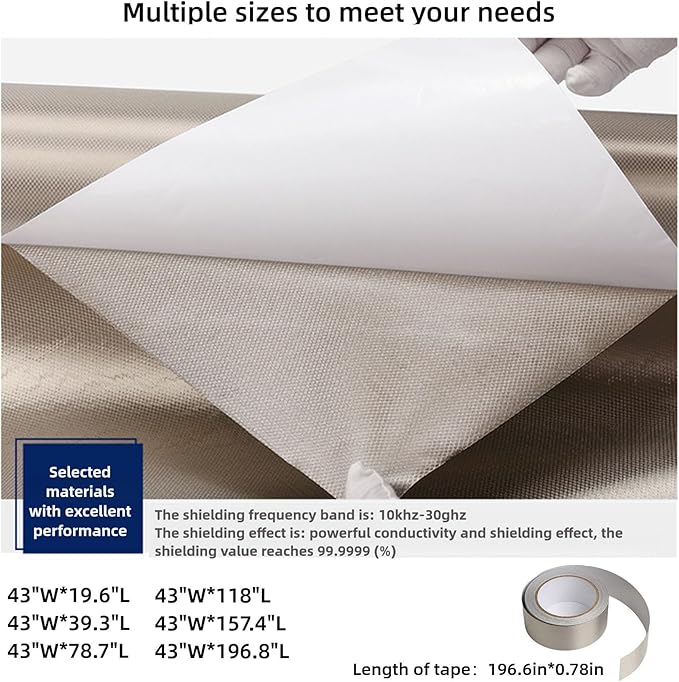 Faraday Fabric with Adhesive Backing 43" x 196.8" + Faraday Tape | Military Grade RFID Shielding Cloth | Block 5G Signals/Anti-Theft Brush | Privacy Protection for Wallet/Passport (43in W*196.8in L)