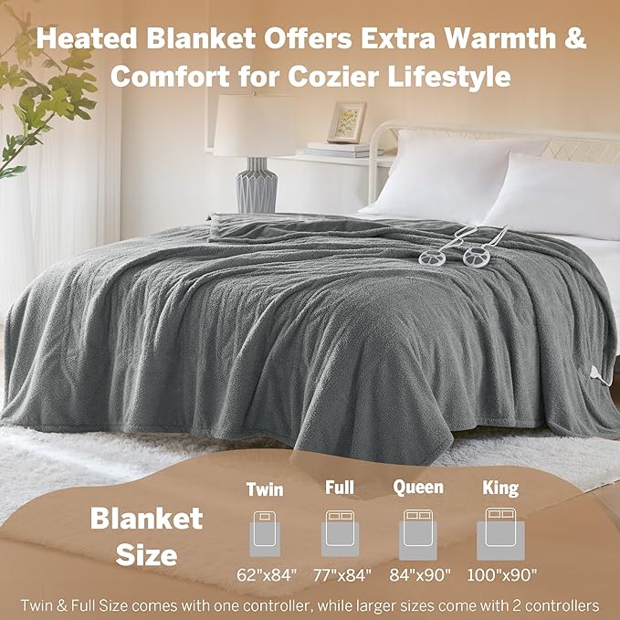 Serta Heated Electric Queen Blanket - Soft, Warm, Fuzzy for Office, Couch - 1-12 Hr Auto Shut Off, 10 Heat Settings, ETL Certified - 84" x 90" Grey