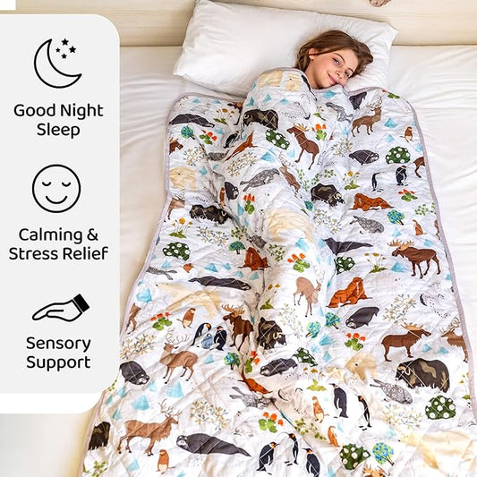 Aricove Weighted Blanket Kids, 7 lb, 40x60 inches, Small Twin Size, Soft Cotton, Machine Washable, Grey/Snow Animals