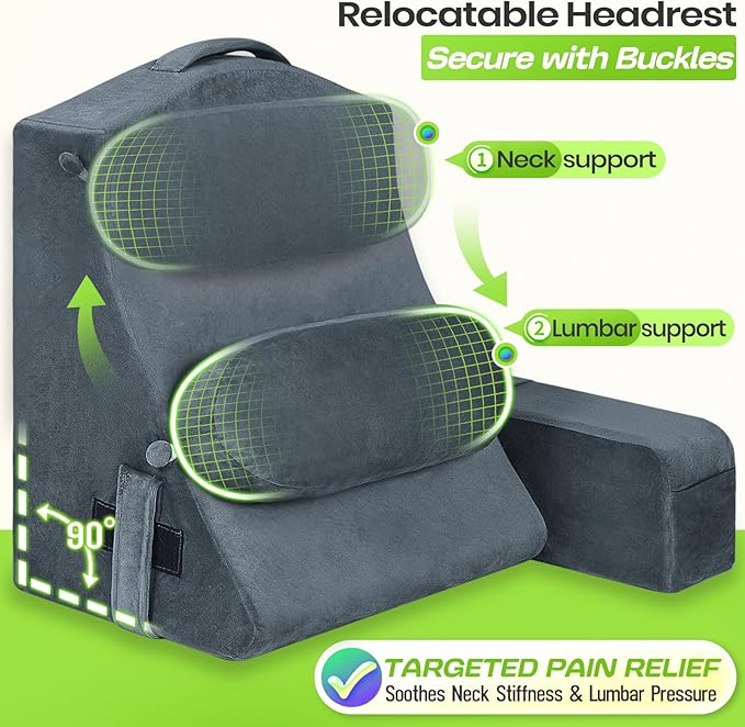 AS AWESLING 21 INCH Reading Pillow for Adults, Back Pillow for Bed Sitting Up, Backrest Pillow for Sitting in Bed, Detachable Arms with Built-in Cup & Phone Caddy (Dark Gray, 21 INCH)