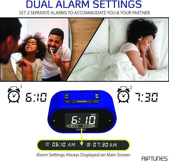 Riptunes Loud Alarm Clock with Bed Shaker for Heavy Sleepers & Hearing Impaired - Dual Alarm for Bedroom Weekday and Weekend Settings USB Charging, Dimmer, Snooze