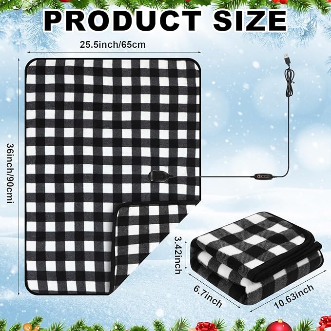 Tuanse 2 Pcs USB Heated Blanket 25"x35" Small Portable 5v 3 Setting Electric Blanket with Timer and Temperature Controller Winter Wearable Recharge Throw for Travel Home(Black and White Plaid)