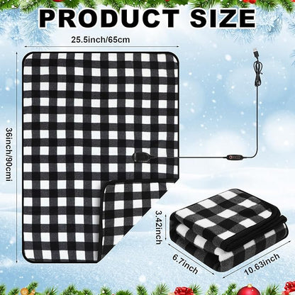 Tuanse 2 Pcs USB Heated Blanket 25"x35" Small Portable 5v 3 Setting Electric Blanket with Timer and Temperature Controller Winter Wearable Recharge Throw for Travel Home(Black and White Plaid)