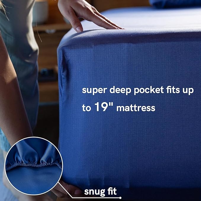 YnM Cooling Bed Sheet Set with 100 Percent Rayon Derived from Bamboo, 400TC Fabric with 2 Pillowcases and Flat Sheet, Deep Pocket Fit 19'', Silky-Soft & Sweat Wicking, 4 Piece (Queen, Dark Blue)