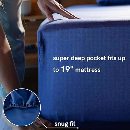 YnM Cooling Bed Sheet Set with 100 Percent Rayon Derived from Bamboo, 400TC Fabric with 1 Pillowcase and Flat Sheet, Deep Pocket Fit 19'', Silky-Soft & Sweat Wicking, 3 Piece (Twin, Dark Blue)