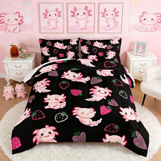 Cute Axolotl Bedding Set King Size,Pink Axolotl Strawberry Printed Comforter Sets Aesthetic Bedding for Kids Girls,Beach Coastal Animal Themed Comforter Sets with 2 Pillowcases.