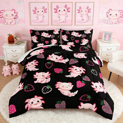 Cute Axolotl Bedding Set King Size,Pink Axolotl Strawberry Printed Comforter Sets Aesthetic Bedding for Kids Girls,Beach Coastal Animal Themed Comforter Sets with 2 Pillowcases.