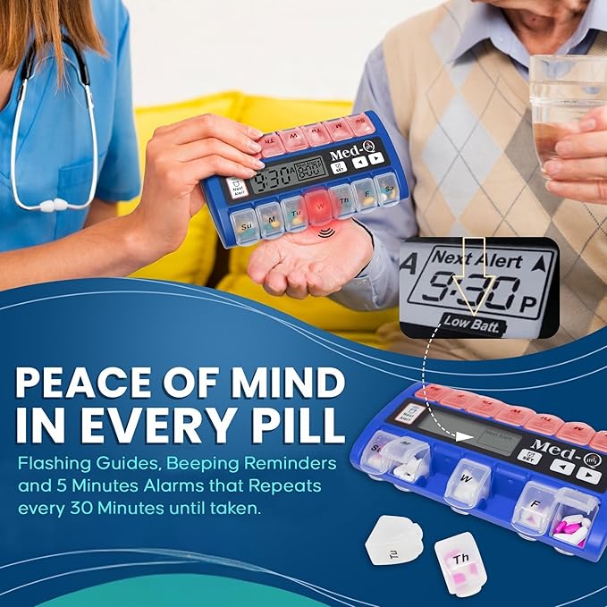 Weekly Pill Organizer with Alarms | Automatic Electronic Pill Box with AM/PM Compartments, Flashing Light, Sound Alerts | Dual Color Combo 2 User | Medication Reminder for Seniors - Blue/White