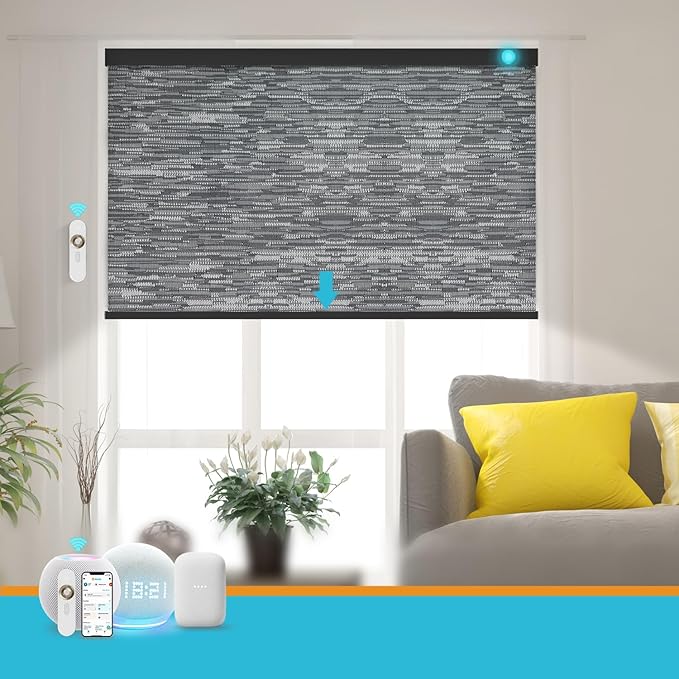 Motorized Blinds with Remote, Smart Blind Roller Shades Compatible with Alexa, Durable Rechargeable Battery Solar Power Electric Window Blinds Customized Size (Jacquard Dark Grey)