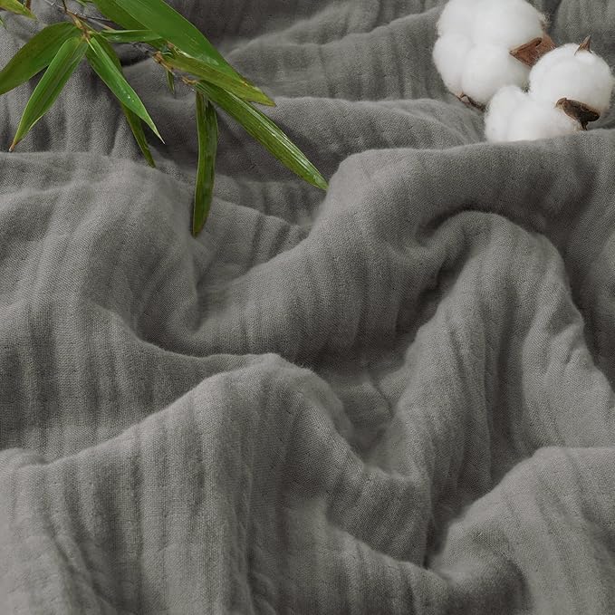 PHF Cooling Muslin Queen Blanket for Hot Sleepers, 60% Rayon Derived from Bamboo, 40% Cotton for Summer, 4-Layer Breathable Gauze Blanket for Bed Couch, 90"x90", Grey