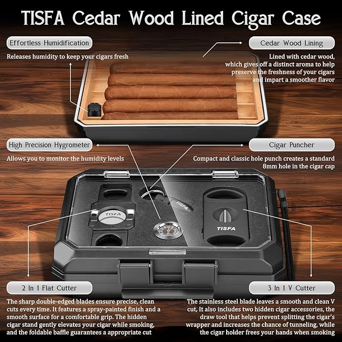 TISFA Cigar Humidor Set Travel Humidor Includes 2 Multifunctional Cutters, Hole Punch, Humidifier, Hygrometer, Portable Cedar Wood Lined Cigar Box Holder Case Gifts for Men (Black)