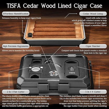 TISFA Cigar Humidor Set Travel Humidor Includes 2 Multifunctional Cutters, Hole Punch, Humidifier, Hygrometer, Portable Cedar Wood Lined Cigar Box Holder Case Gifts for Men (Black)