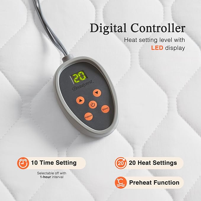 Beautyrest Cotton Heated Mattress Pad - Bed Warmer with 20 Heat Settings Controller, Auto Shut Off Timer, All Around Elastic Deep Pocket, UL Certified, Machine Washable, White Twin