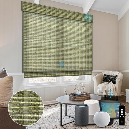SmartWings Motorized Natural Woven Wood Shades for Windows, Electric Roman Shades with Remote for Bedroom Living Room, Work with Matter Zigbee Alexa Z-Wave Google Home, Customized, Bamboo Jute 922