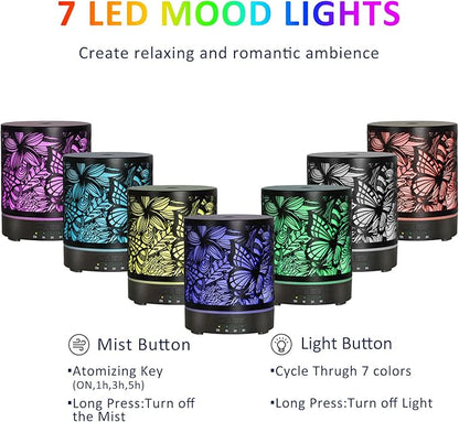 Essential Oil Diffusers 300ML Metal Aromatherapy Oil Diffusers for Large Room,Butterflies & Flower Ultrasonic Cool Mist Diffuser with Waterless Auto Shut-Off Protection, for Home Office SPA Yoga