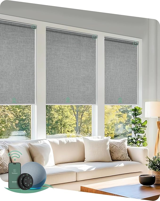 Yoolax Motorized Blinds with Remote, Blackout Smart Blinds for Windows Motorized Roller Shades, Automatic Window Shades Work with Alexa Custom Size (Blackout-Fabric Smoky Gray)