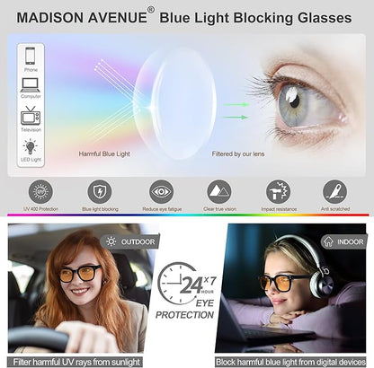 Madison Avenue Blue Light Blocking Computer Glasses Oversized Blue Light Glasses for Women Men Anti Eyestrain & UV Protection Gaming Eyeglasses(Black)