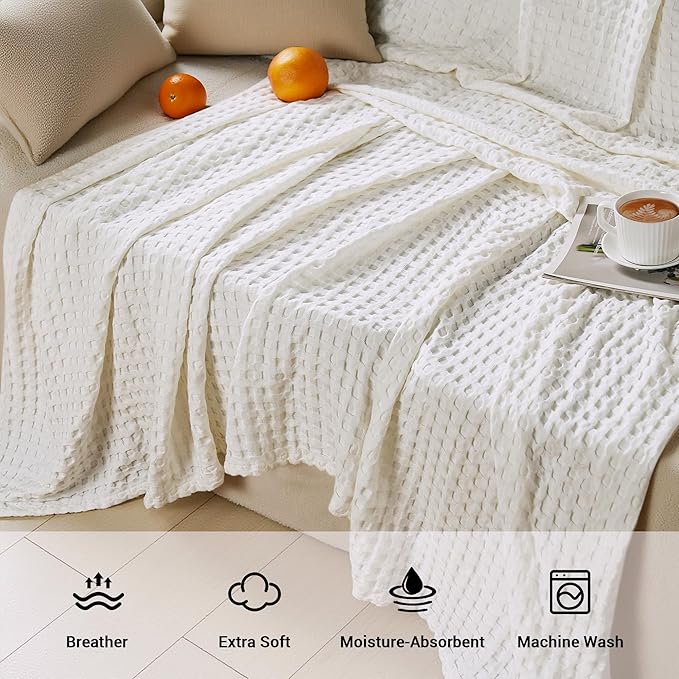 Aganear Waffle Blanket - Lightweight Breathable Summer Blanket of 50% Cotton and 50% Rayon Derived from Bamboo for Hot Sleepers Luxury Throws for Bed, Couch and Sofa,White,90x90 Inches