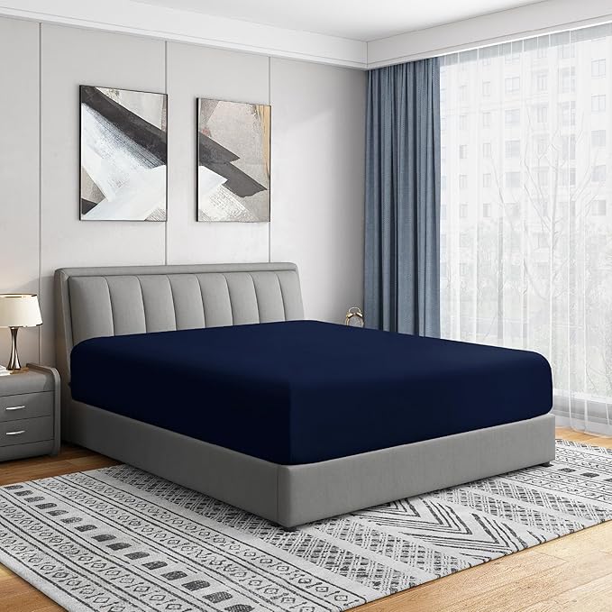 Cathay Home Twin XL Fitted Sheet - Double Brushed Ultra Soft – Wrinkle & Fade Resistant - 16" Deep Pocket Fitted Sheet Only - Good Fit for 14"-18" Deep Mattress (Twin XL, Navy)