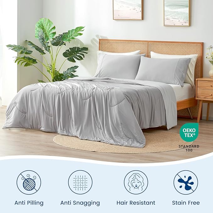 Cozy Bliss Deluxe Dual-Sided Cooling Comforter Cali King Size, Ultra-Soft Lightweight Breathable Silky Cooling Blankets with Q-Max>0.45 for Bedroom, Hot Sleepers & Night Sweats, Cool Grey, 106"x96"
