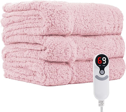 Electric Heated Blanket Full Size 72"×84" with 9 Heating Levels & 1-10Hs Auto Off，Double Sided Plush Sherpa, Energy Efficient, Machine Washable, for Couch & Bed, Light Pink