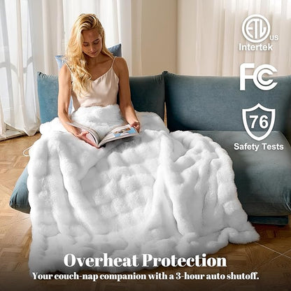 IUUI Electric Heated Blanket King 90''x100'',Luxury Faux Rabbit Fur Heating Throw Blankets,Fast Heating with 1/2/4/6/8/10 Hours,Overheat Protection, Quick Heating, Memory Function, Gift-Ready Design